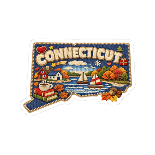 Connecticut Autumn Harbor Vinyl Sticker | Coastal Sailboats Fall Foliage Art