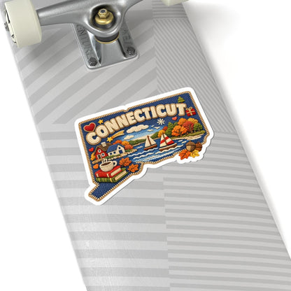 Connecticut Autumn Harbor Vinyl Sticker | Coastal Sailboats Fall Foliage Art