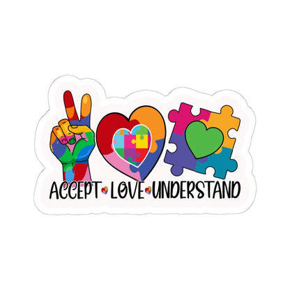 ColorFlow | Accept Love Understand Vinyl Sticker | Autism Acceptance Puzzle Hearts Peace Sign Design