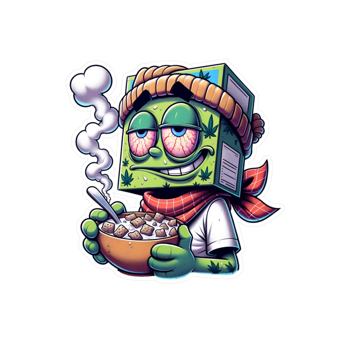 Stoned Cereal Box Head Sticker | Funny Cartoon Vinyl Art (Glossy, Matte, Holo)