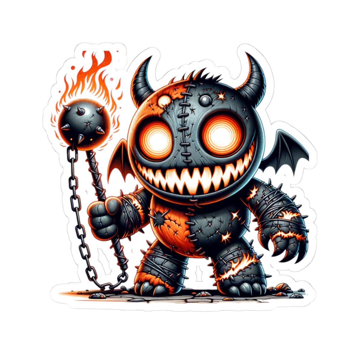 Stitched Demon Plushie Sticker | Fire Mace Vinyl Decal, Spooky Monster Art