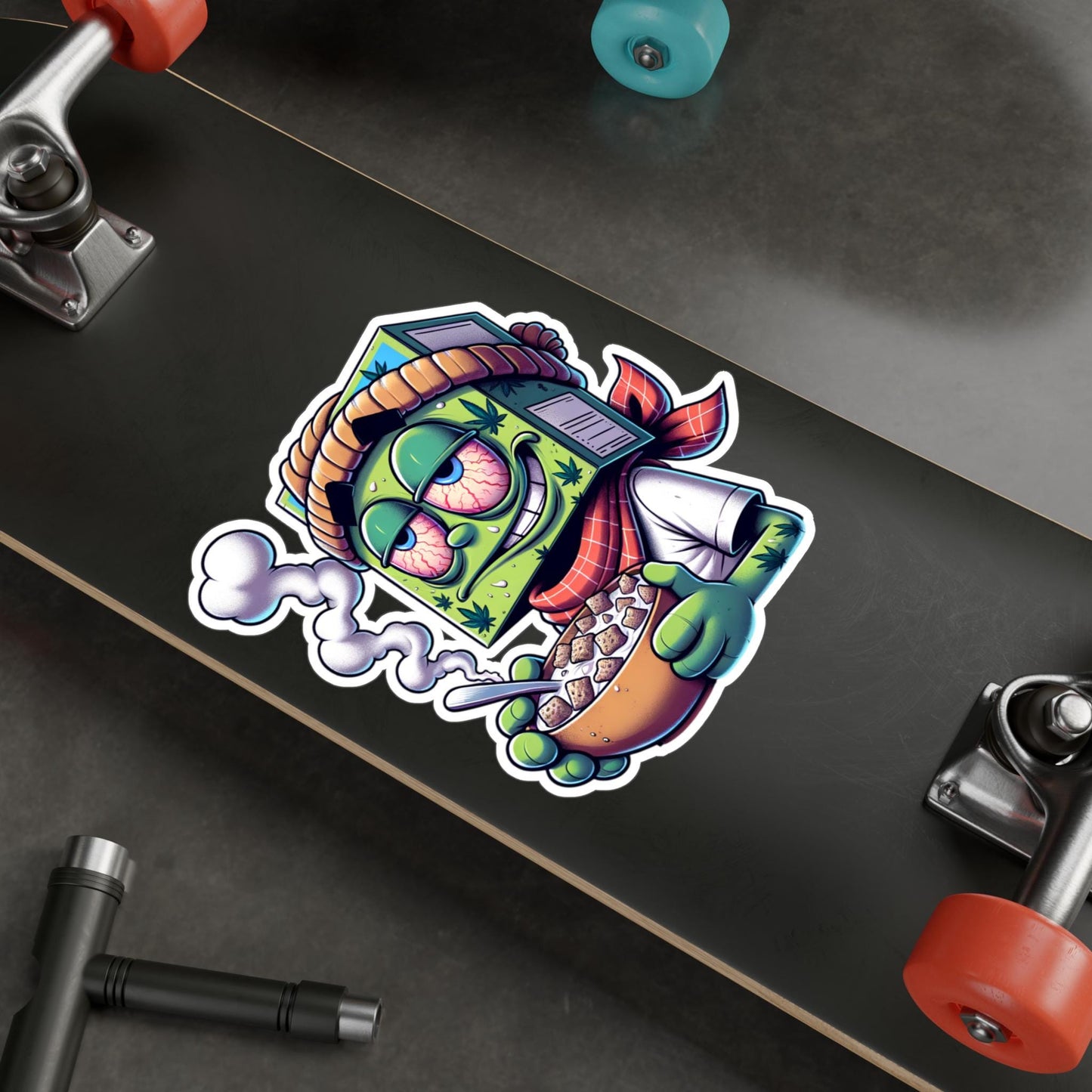 Stoned Cereal Box Head Sticker | Funny Cartoon Vinyl Art (Glossy, Matte, Holo)