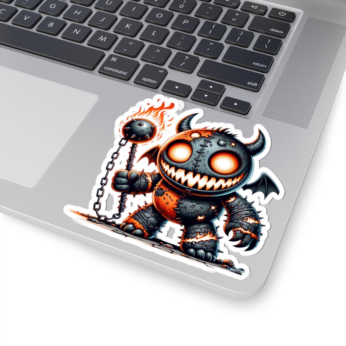 Stitched Demon Plushie Sticker | Fire Mace Vinyl Decal, Spooky Monster Art