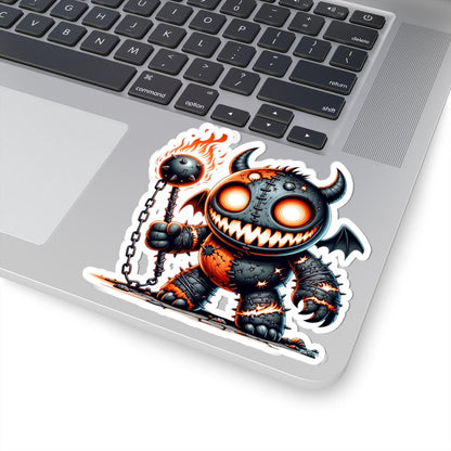 Stitched Demon Plushie Sticker | Fire Mace Vinyl Decal, Spooky Monster Art