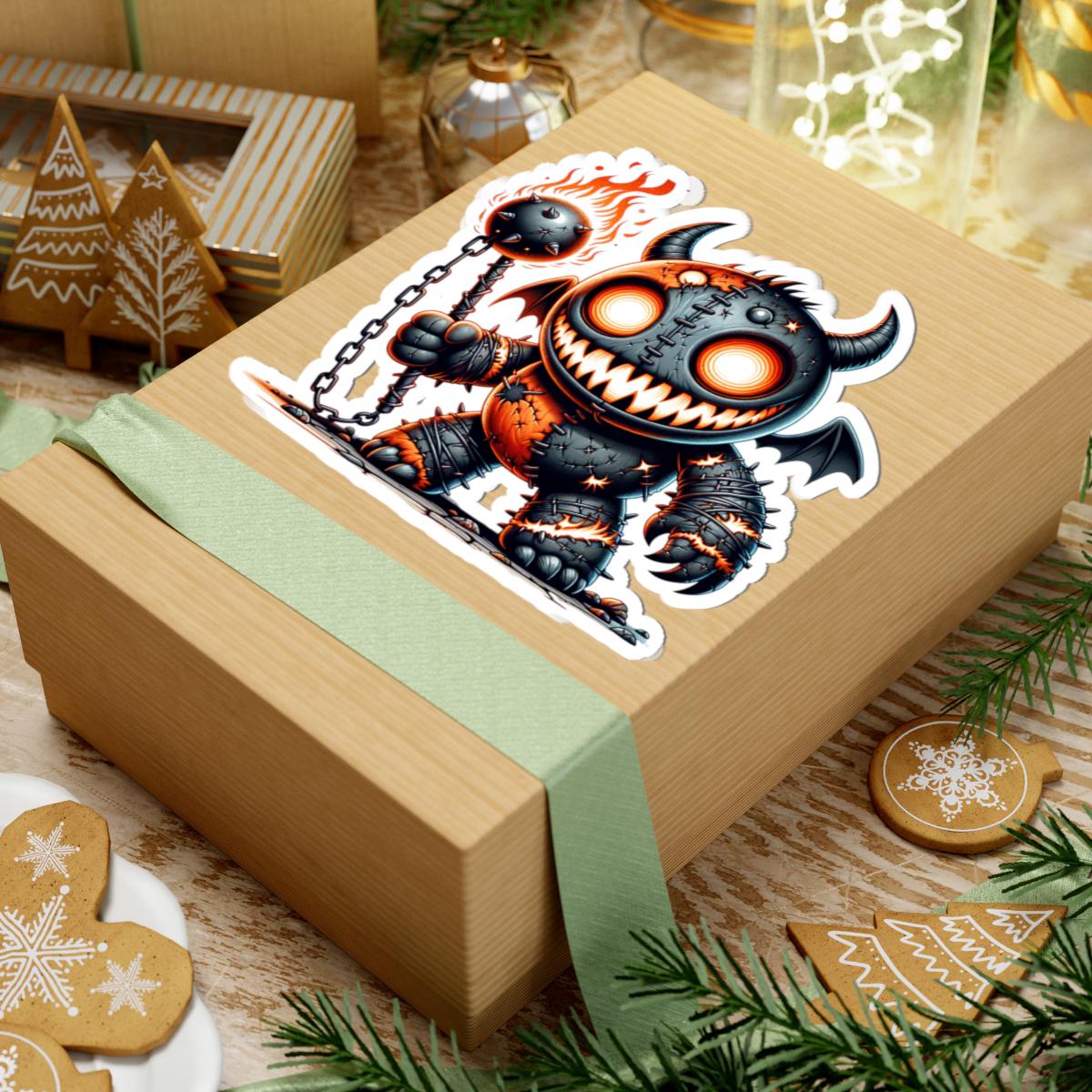 Stitched Demon Plushie Sticker | Fire Mace Vinyl Decal, Spooky Monster Art