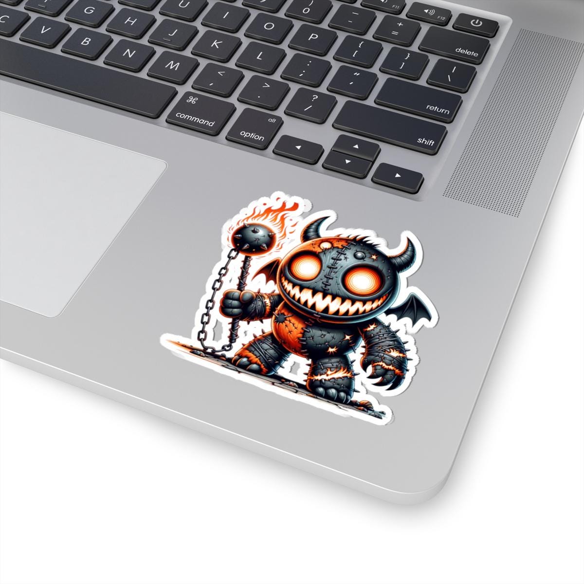 Stitched Demon Plushie Sticker | Fire Mace Vinyl Decal, Spooky Monster Art