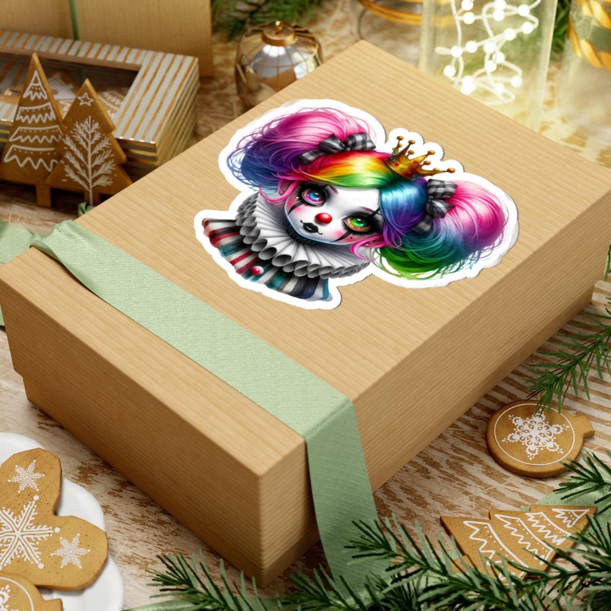 ColorFlow | Rainbow Circuscore Clown Girl Sticker | Big Hair Pastel Goth Princess | Striped Collar Vinyl Decal