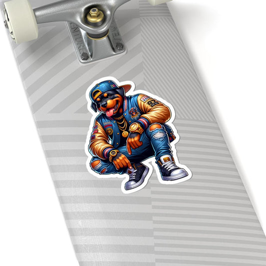 ColorFlow | Rottweiler Streetwear Kiss Cut Sticker Hip Hop Dog Art with Gold Chains, Luxury Watch, Sneakers & Varsity Jacket