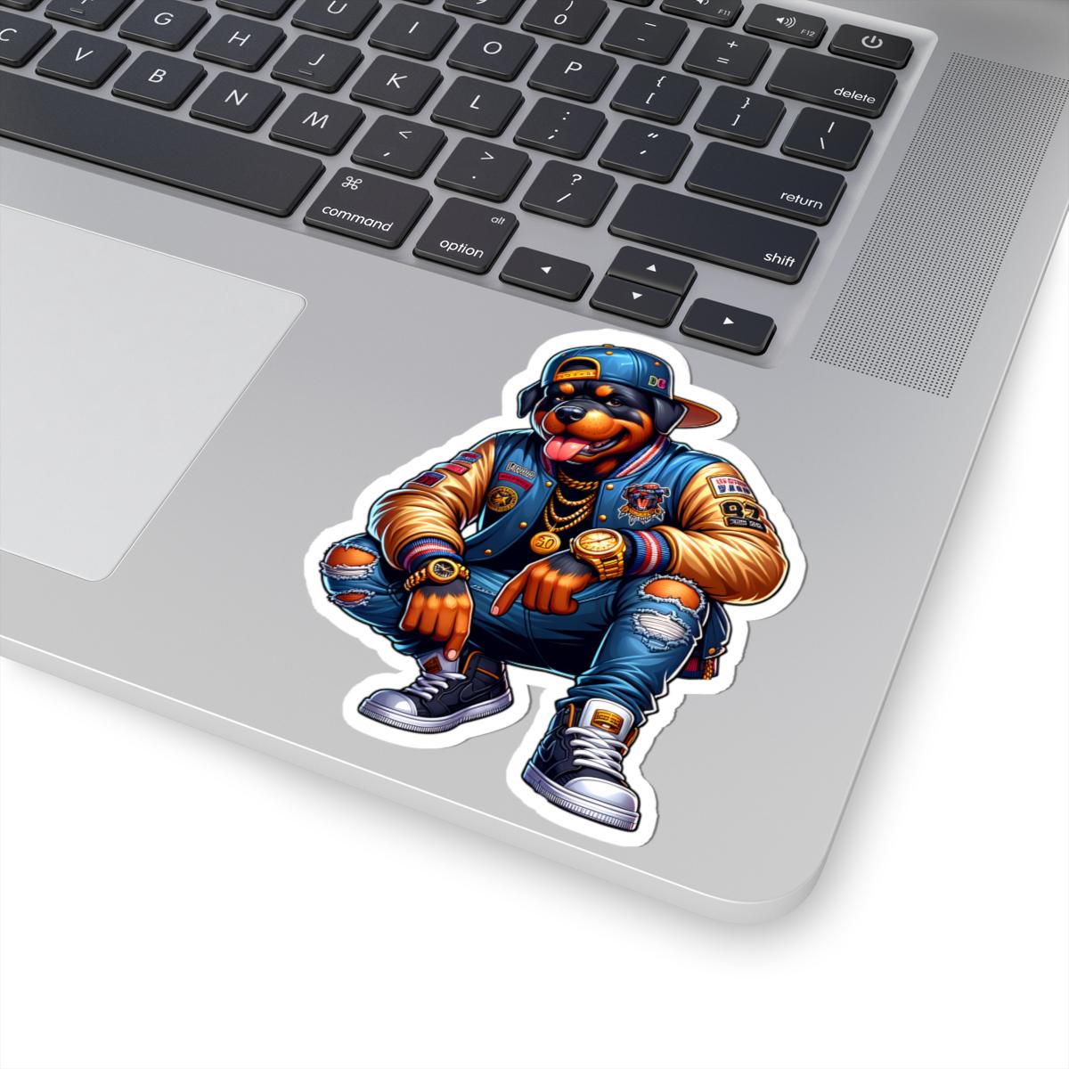 ColorFlow | Rottweiler Streetwear Kiss Cut Sticker Hip Hop Dog Art with Gold Chains, Luxury Watch, Sneakers & Varsity Jacket
