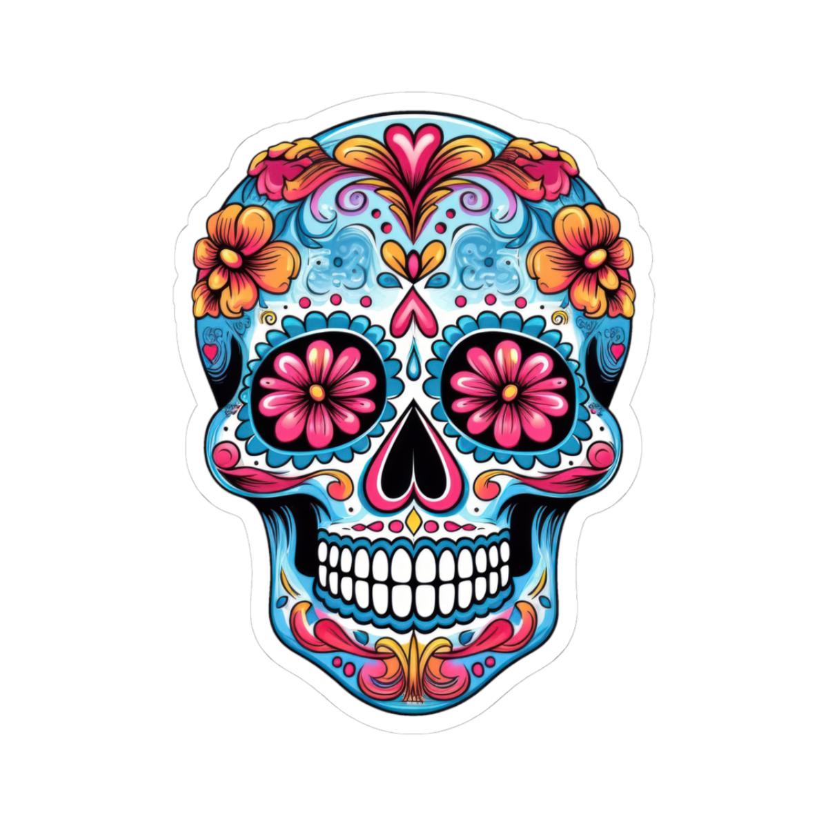 Pink Bloom Sugar Skull Vinyl Sticker | Día de los Muertos Waterproof Calavera Art | Floral Mexican Skull Laptop Decal