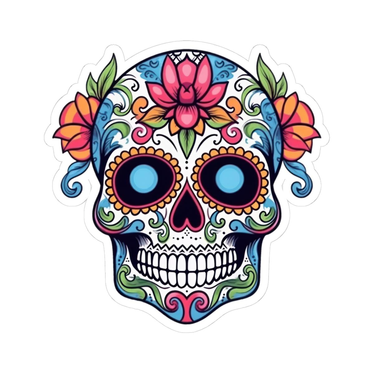 ColorFlow | White Sugar Skull Vinyl Sticker | Floral Dia de los Muertos Decal | Waterproof Gothic Skull Art for Laptop or Flask
