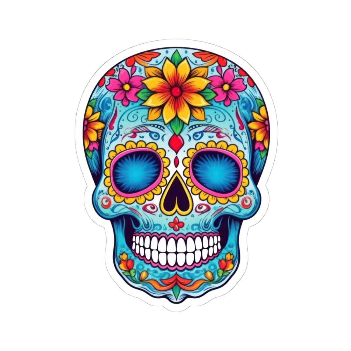 ColorFlow | Vibrant Sugar Skull Vinyl Sticker | Dia de los Muertos Floral Decal | Waterproof Colorful Skull Laptop Sticker