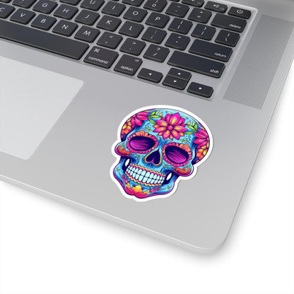 ColorFlow | Pink Floral Sugar Skull Sticker | Dia de los Muertos Vinyl Decal | Waterproof Colorful Skull Art | Boho Skull Aesthetic