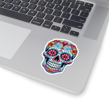 Pink Bloom Sugar Skull Vinyl Sticker | Día de los Muertos Waterproof Calavera Art | Floral Mexican Skull Laptop Decal