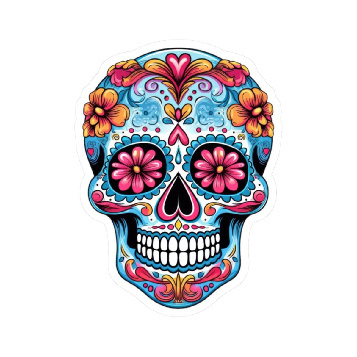 Pink Bloom Sugar Skull Vinyl Sticker | Día de los Muertos Waterproof Calavera Art | Floral Mexican Skull Laptop Decal