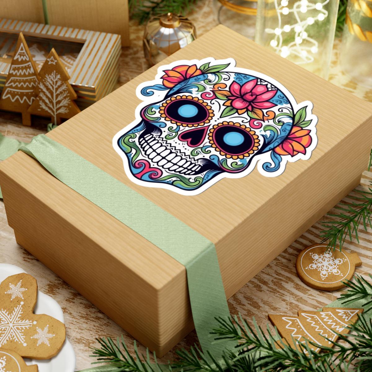 ColorFlow | White Sugar Skull Vinyl Sticker | Floral Dia de los Muertos Decal | Waterproof Gothic Skull Art for Laptop or Flask