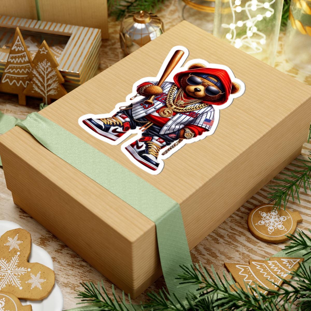 ColorFlow | Red Hoodie Baseball Bear Sticker | Hip Hop Streetwear Teddy Art | Urban Style Kiss Cut Decal