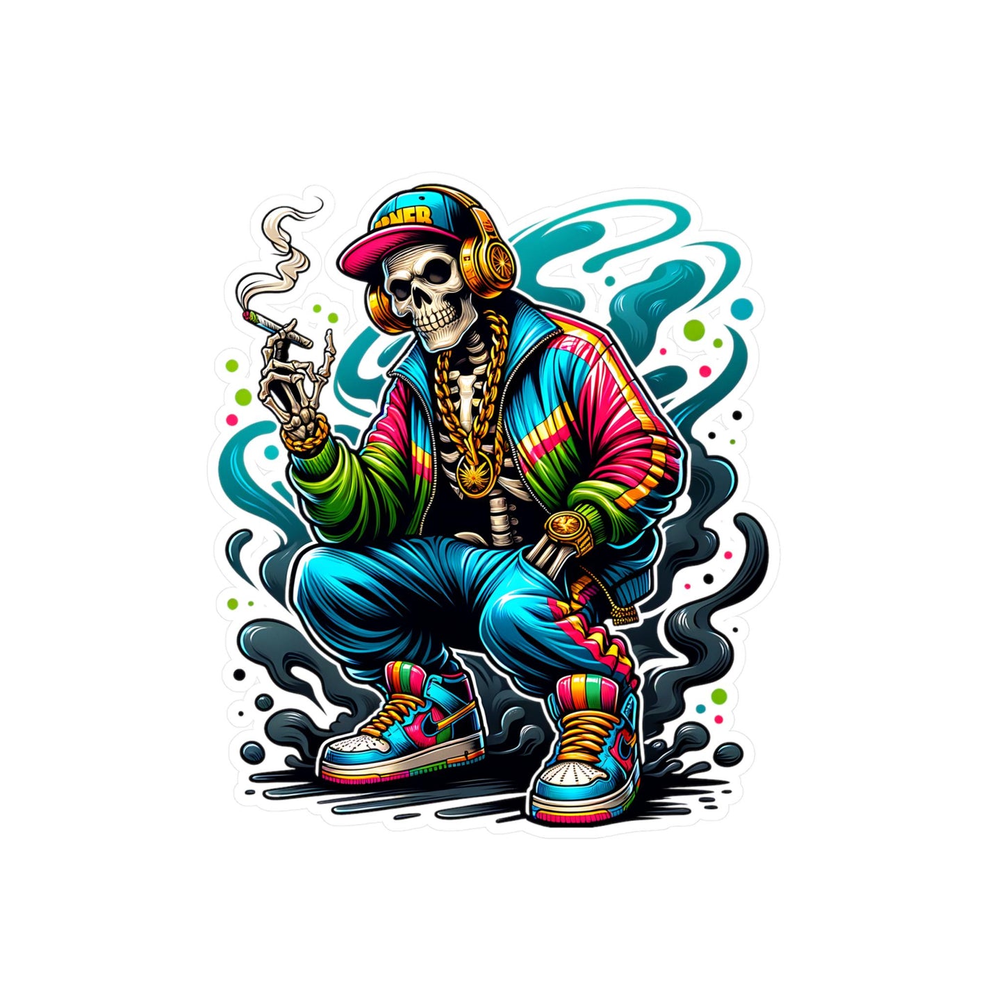ColorFlow | Hip Hop Stoner Skeleton Vinyl Sticker | Urban Art Waterproof Decal | Glossy Matte Holographic | 6 Sizes