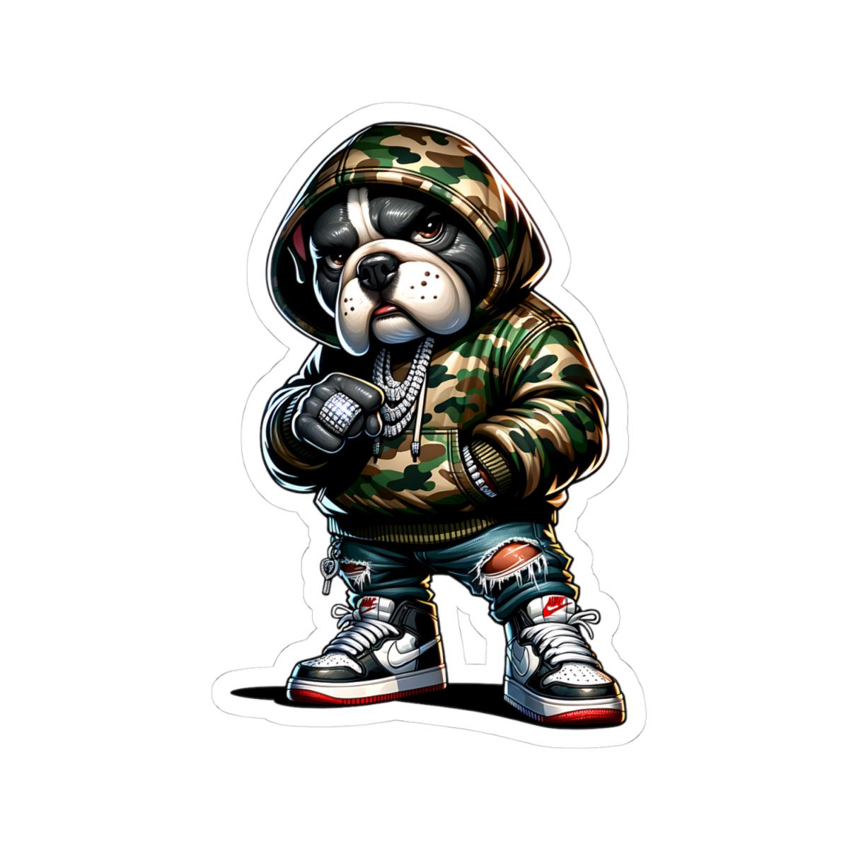 Bulldog Hoodie Sticker | Camo Urban Dog Art, Waterproof Vinyl (Glossy Finish)