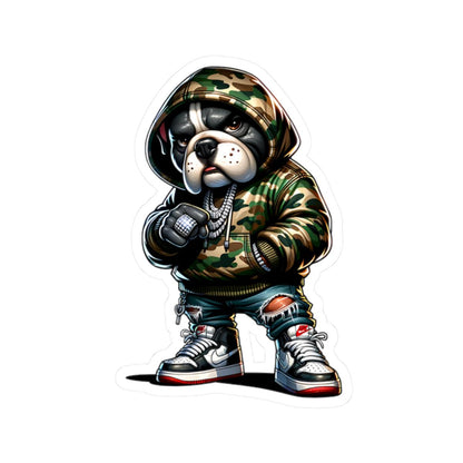 Bulldog Hoodie Sticker | Camo Urban Dog Art, Waterproof Vinyl (Glossy Finish)