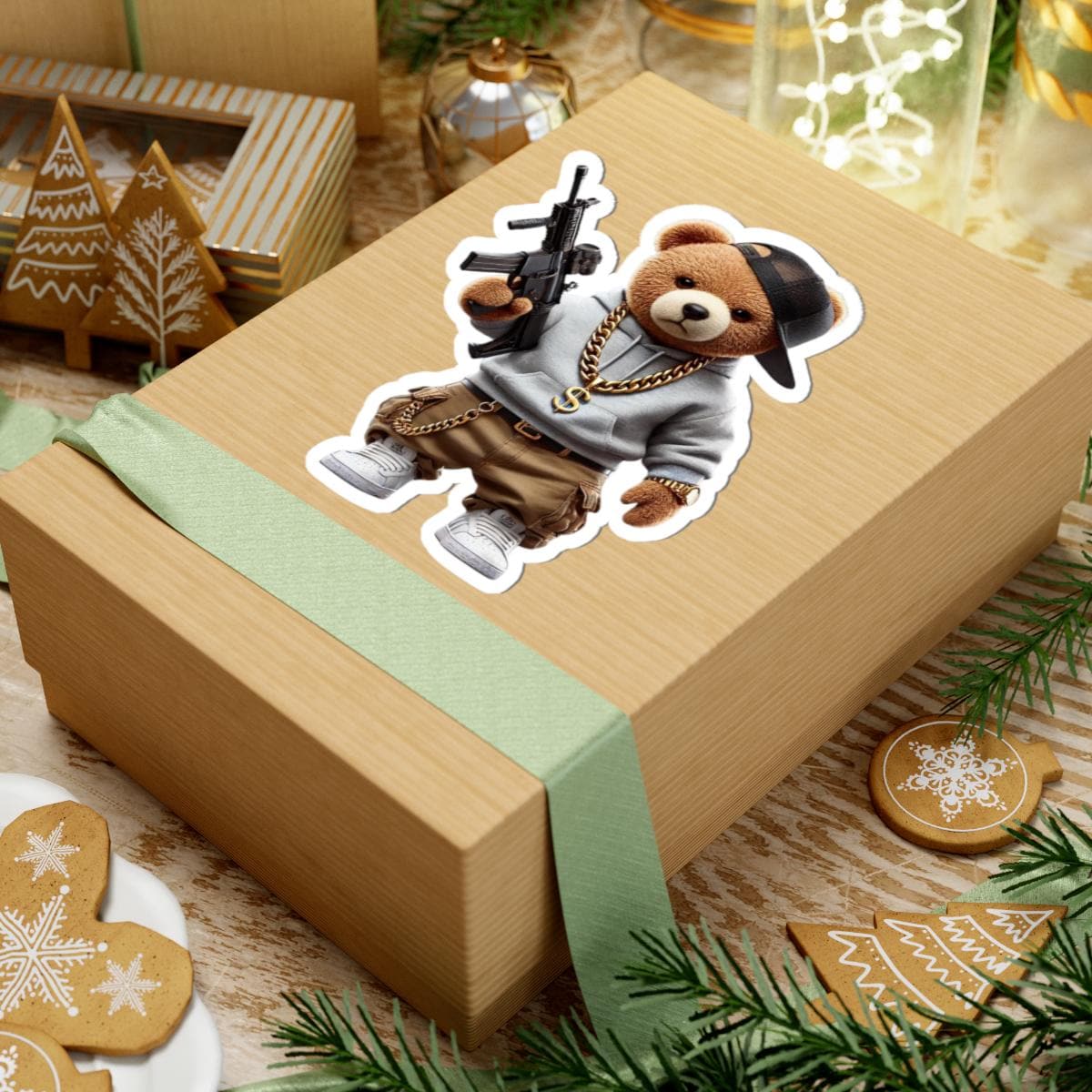 ColorFlow | Gangsta Teddy Bear Kiss Cut Sticker | Urban Hood Bear with Bling & Hoodie | Funny Hip Hop Sticker Art