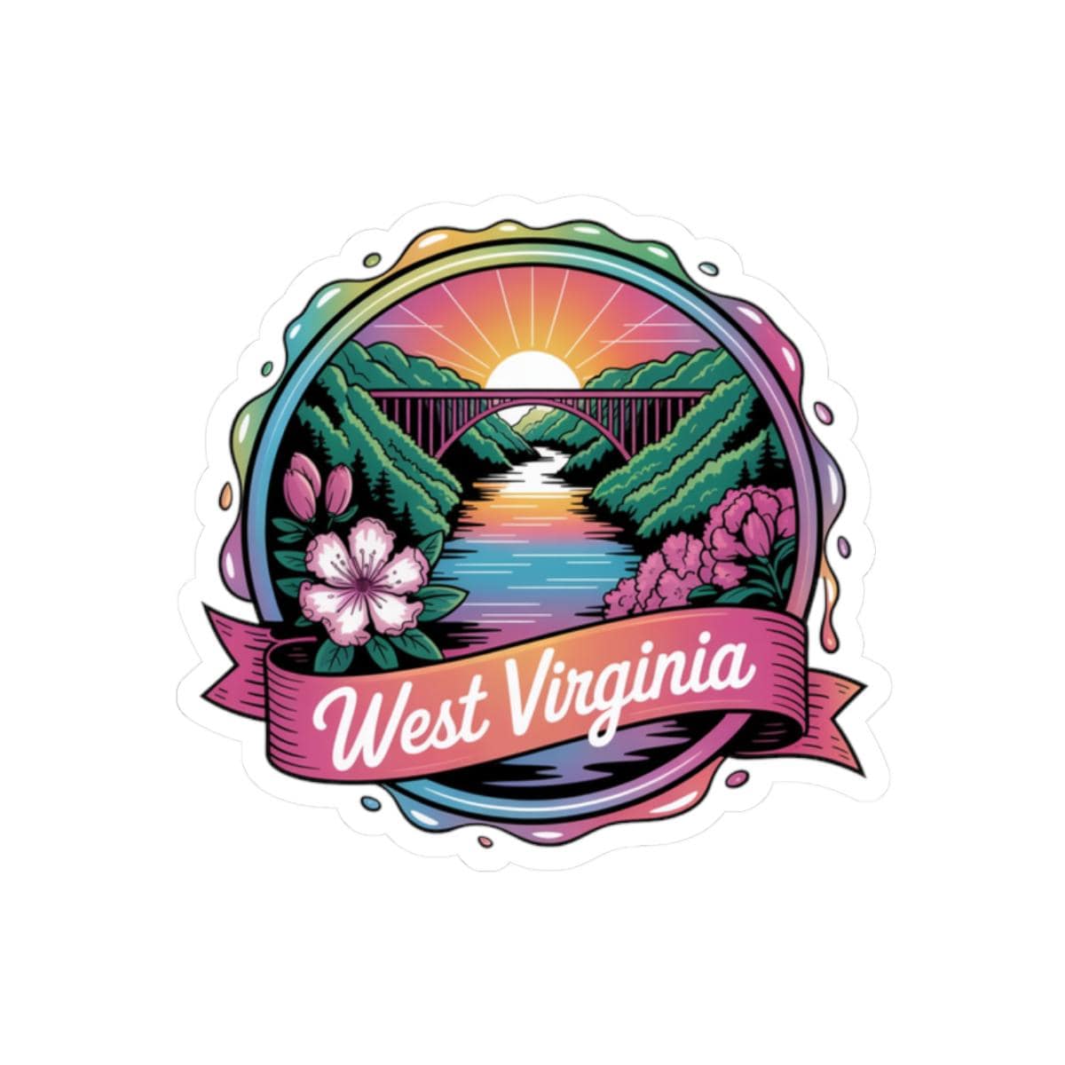 ColorFlow | West Virginia Mountain Bridge Sunset Vinyl Sticker | Appalachian Scenic Travel Art Decal