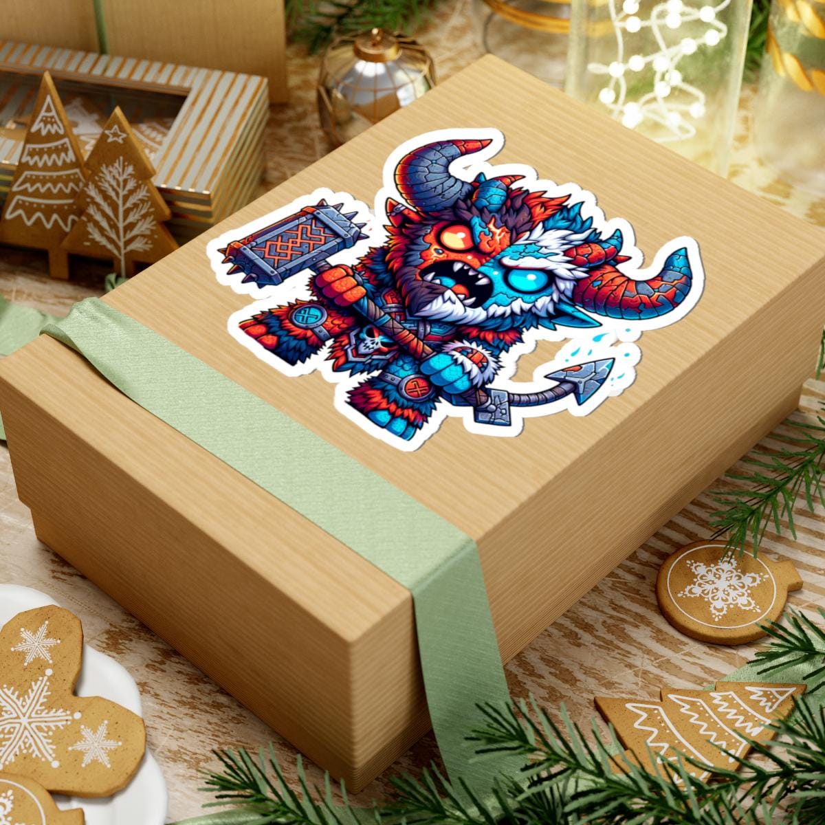 ColorFlow | Fire and Ice Beast Monster Vinyl Sticker | Dual Element Art Decal | Fantasy Collectible | Unique Gift Idea