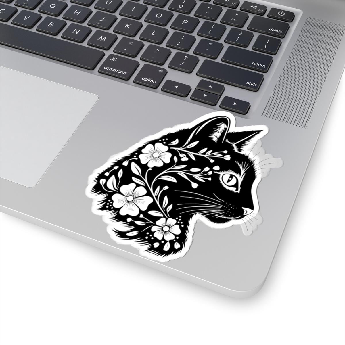 Floral Black Cat Sticker | Botanical Cat Silhouette, Nature Lover Gift