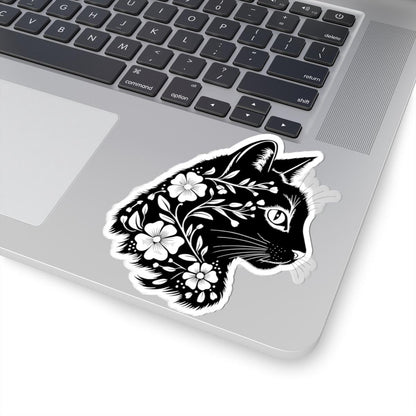 Floral Black Cat Sticker | Botanical Cat Silhouette, Nature Lover Gift