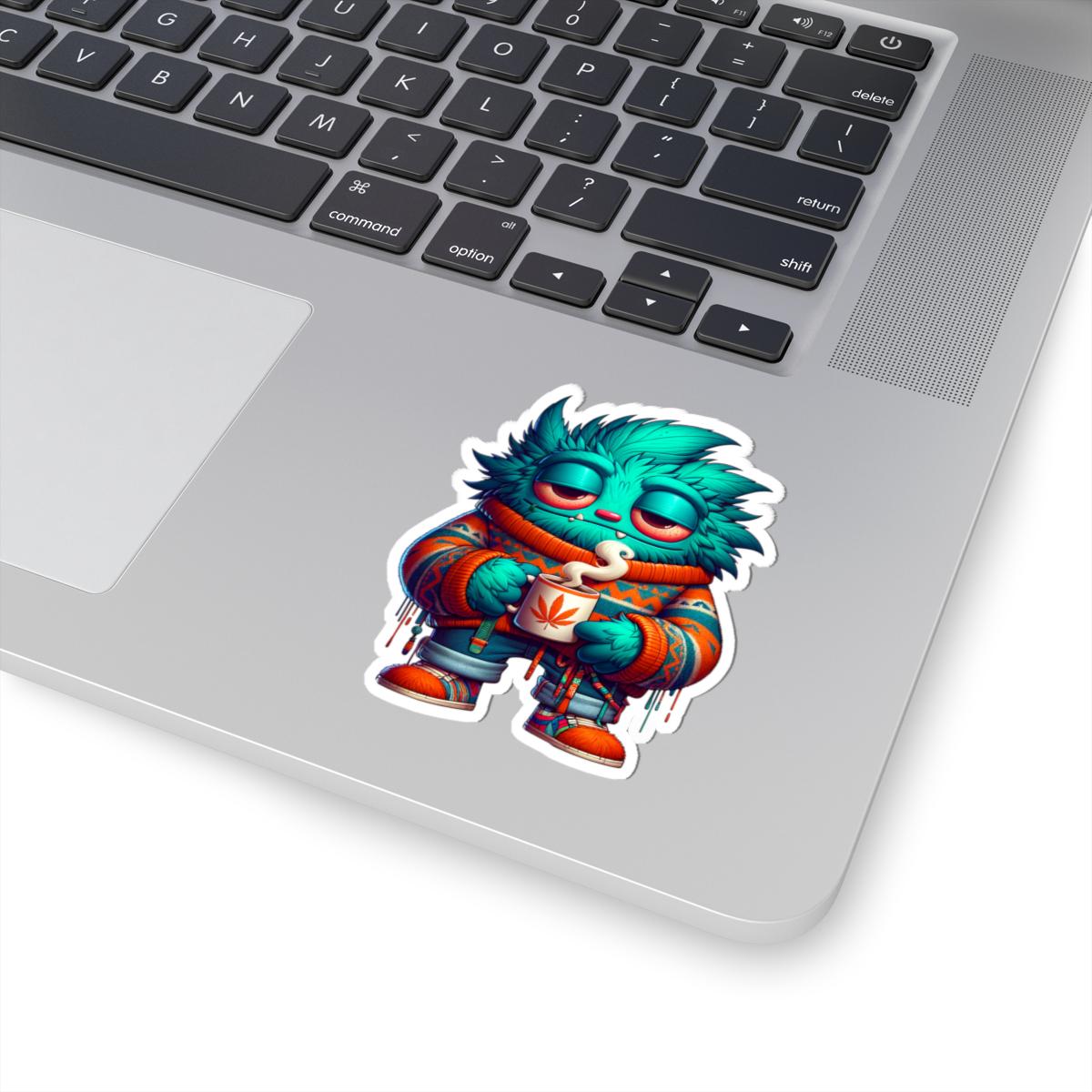 ColorFlow | Cozy Coffee Blue Monster Kiss Cut Sticker Sweater Weather Character Art for Laptops Water Bottles Journals and More