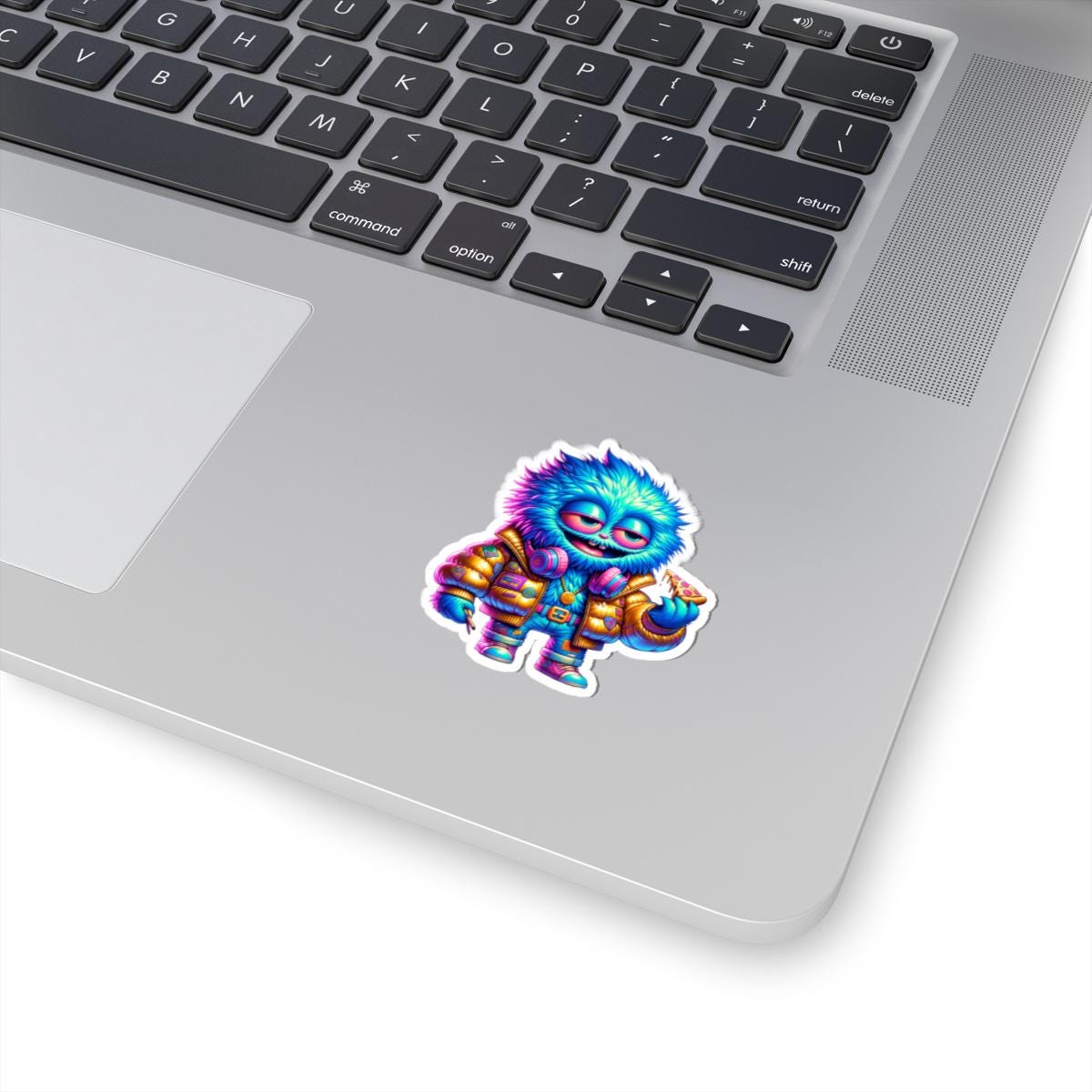 ColorFlow | Pizza Party Blue Monster Kiss Cut Sticker Neon Streetwear Character Art for Laptops Water Bottles and More