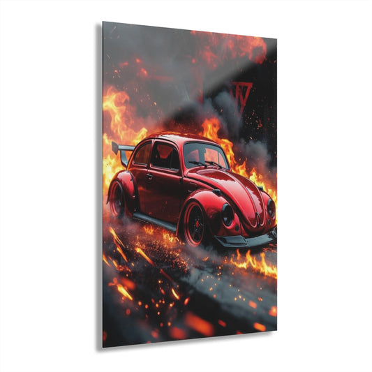 ColorFlow | Burning Red Classic Beetle Metal Art Print | Fire Car Artwork | Hot Rod Decor | Muscle Car Wall Decor | Automotive Art Print