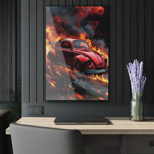ColorFlow | Burning Red Classic Beetle Metal Art Print | Fire Car Artwork | Hot Rod Decor | Muscle Car Wall Decor | Automotive Art Print