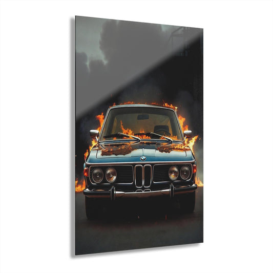 ColorFlow | Classic BMW Fire Car Metal Wall Art | Vintage Car Artwork | Automotive Metal Art Print | Garage Decor | Muscle Car Print