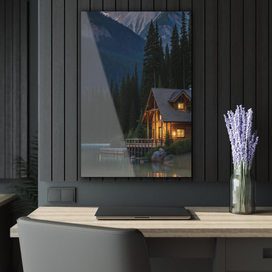 ColorFlow | Mountain Cabin Lake Metal Art Print | Cozy Nature Artwork | Forest Landscape Decor | Rustic Home Decor | Cabin Decor
