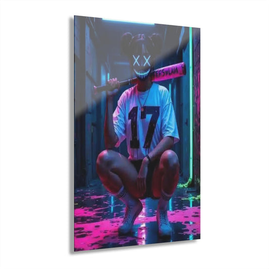 ColorFlow | Neon Mask Girl Metal Art Print | Cyberpunk Street Artwork | Dark Urban Decor | Gamer Room Decor | Night Aesthetic