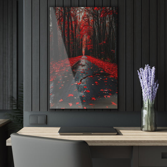 ColorFlow | Red Autumn Forest Metal Art Print | Moody Nature Artwork | Fall Landscape Decor | Dark Nature Decor | Scenic Art