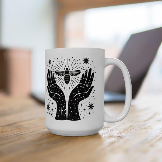 Celestial Moth Hands Ceramic Mug | Cosmic Spiritual Coffee Cup (15 oz)
