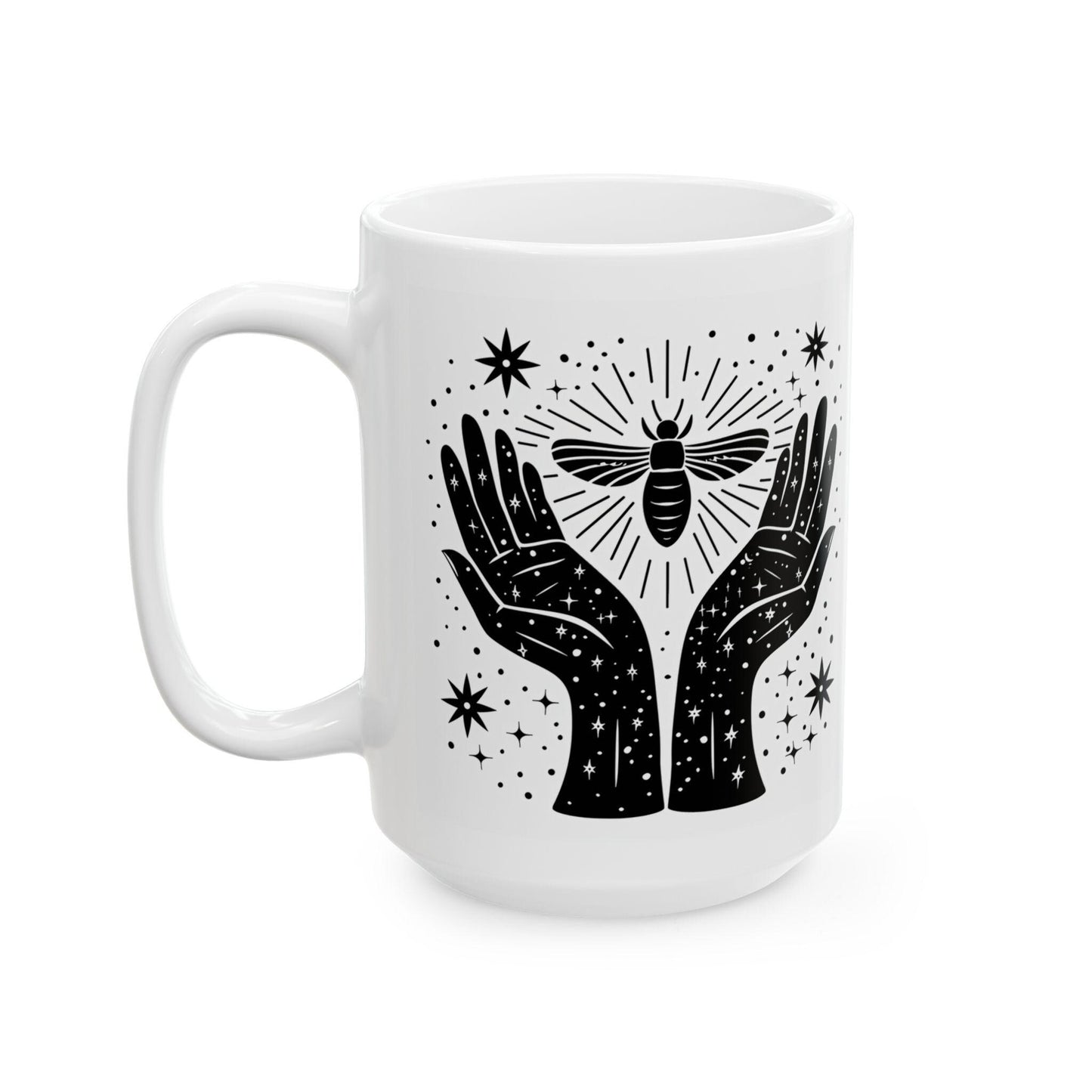 Celestial Moth Hands Ceramic Mug | Cosmic Spiritual Coffee Cup (15 oz)