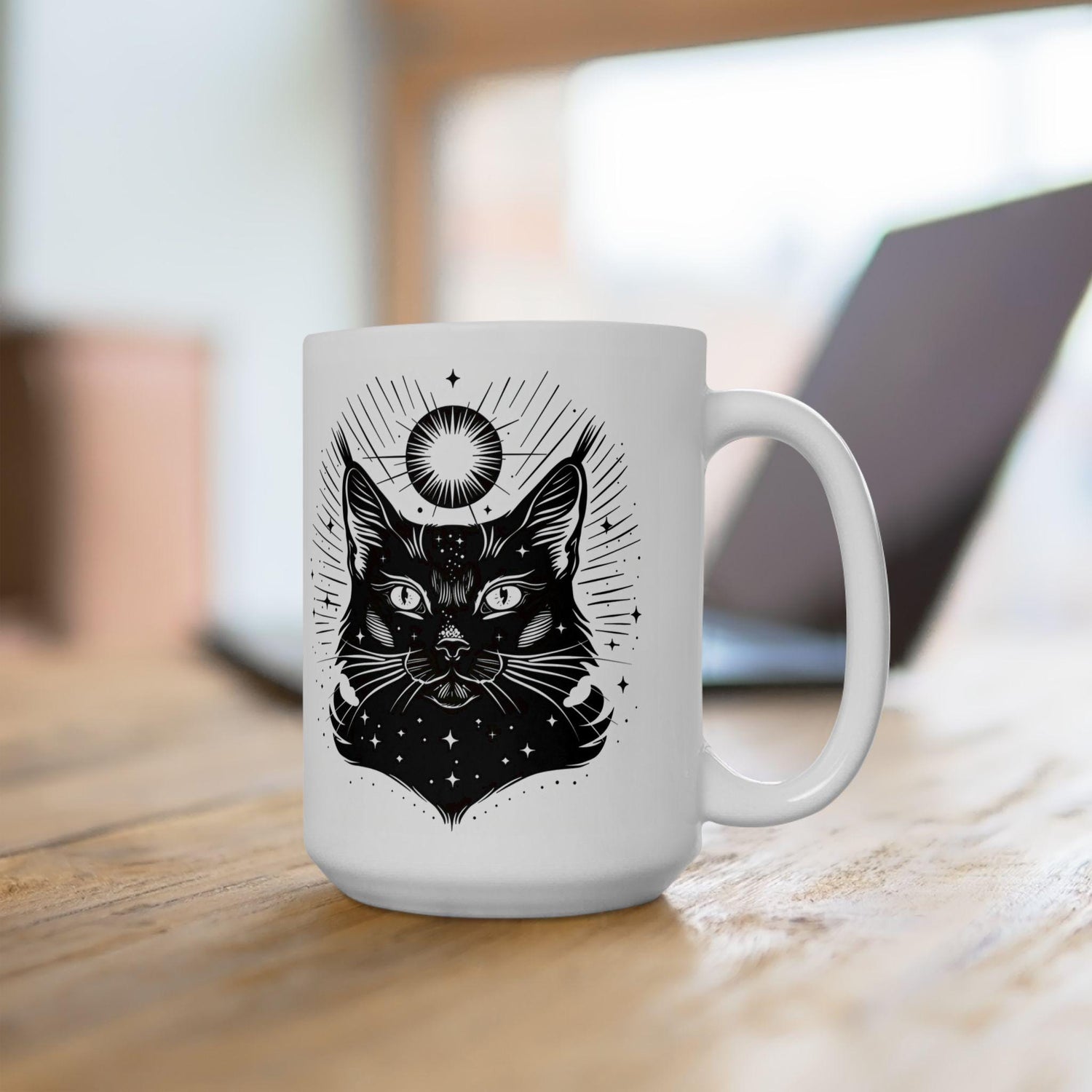 Cosmic Cat Mug | Celestial Feline 15oz Ceramic Coffee Cup | Witchy Black Cat Art