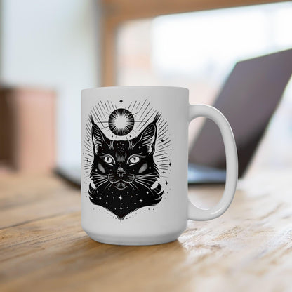 Cosmic Cat Mug | Celestial Feline 15oz Ceramic Coffee Cup | Witchy Black Cat Art