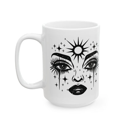 Celestial Goddess Mug | Cosmic Eyes 15oz Ceramic Coffee Cup (Witchy Astrology Art)