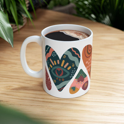 ColorFlow Boho Hearts Ceramic Mug | 15oz Abstract Art Coffee Cup