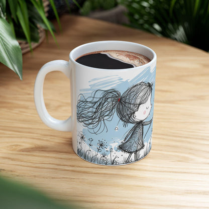 ColorFlow Ceramic Mug | Whimsical Girl Art, 15oz Coffee Cup