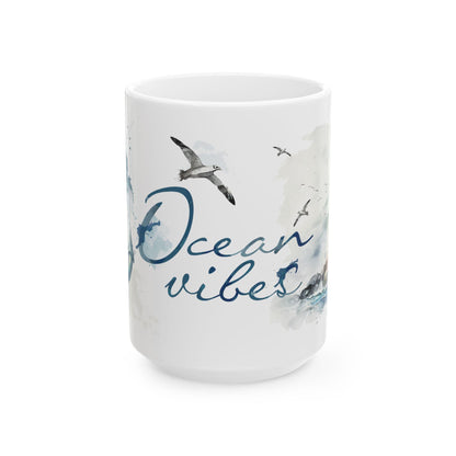 Ocean Vibes Watercolor Anchor Lighthouse Mug | Coastal Nautical Coffee Cup