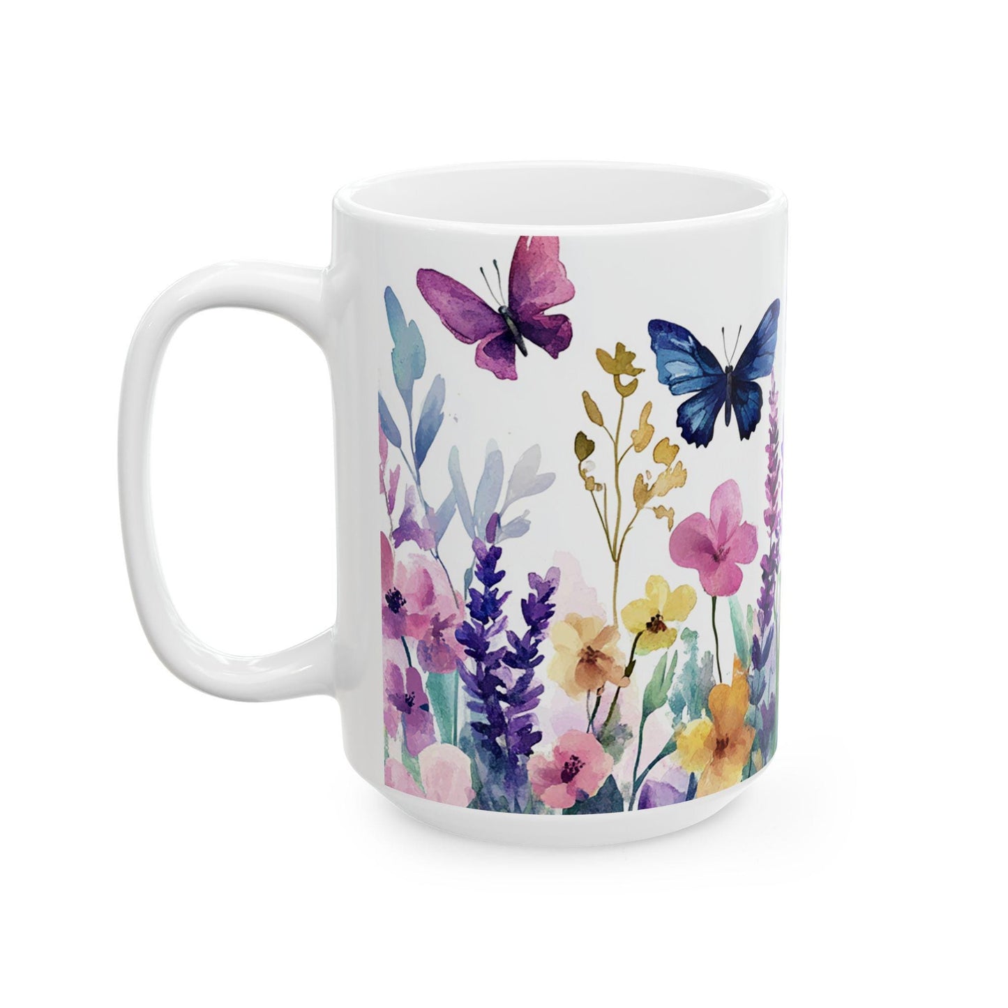 Watercolor Butterfly Garden Mug | 15oz Ceramic Coffee Cup, Nature Lover Gift
