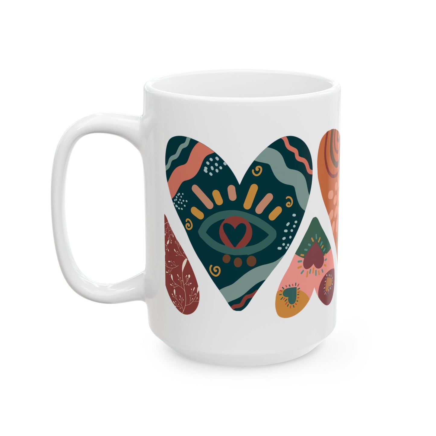 ColorFlow Boho Hearts Ceramic Mug | 15oz Abstract Art Coffee Cup
