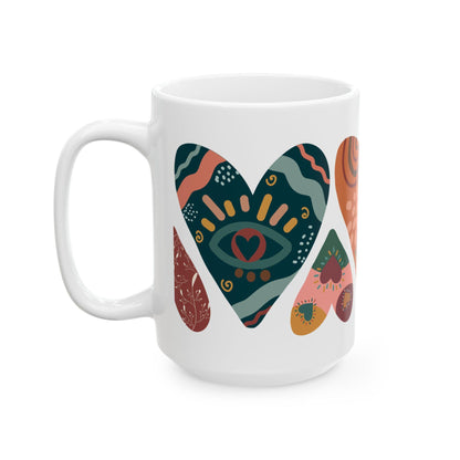ColorFlow Boho Hearts Ceramic Mug | 15oz Abstract Art Coffee Cup