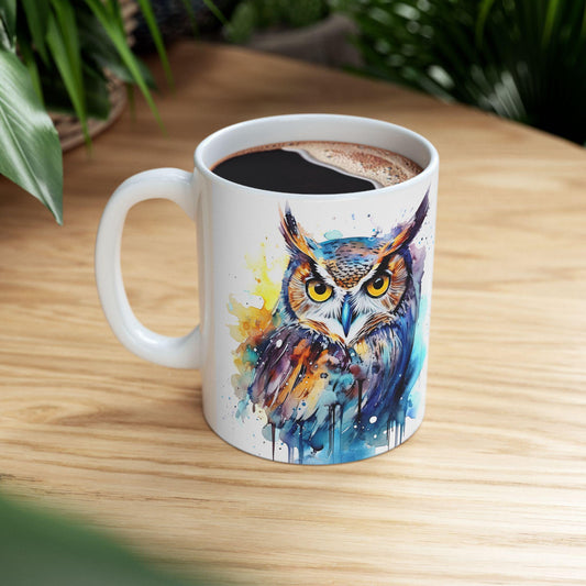 Watercolor Owl Mug | Vibrant Abstract Ceramic Coffee Cup (15 oz)