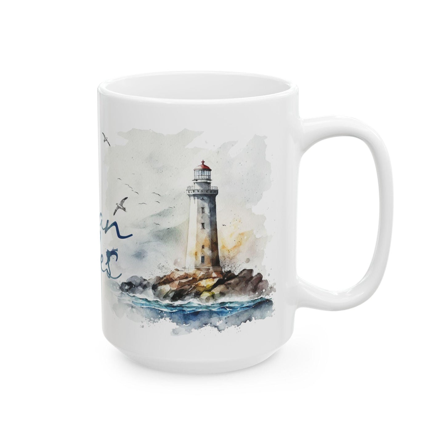 Ocean Vibes Watercolor Anchor Lighthouse Mug | Coastal Nautical Coffee Cup
